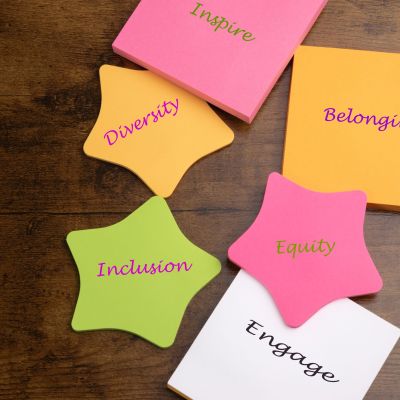 DEI concept.  Diversity, Equity, Inclusion, and Belonging.  Inspire, Engage, and Grow.  Text on colorful note pads on desk.