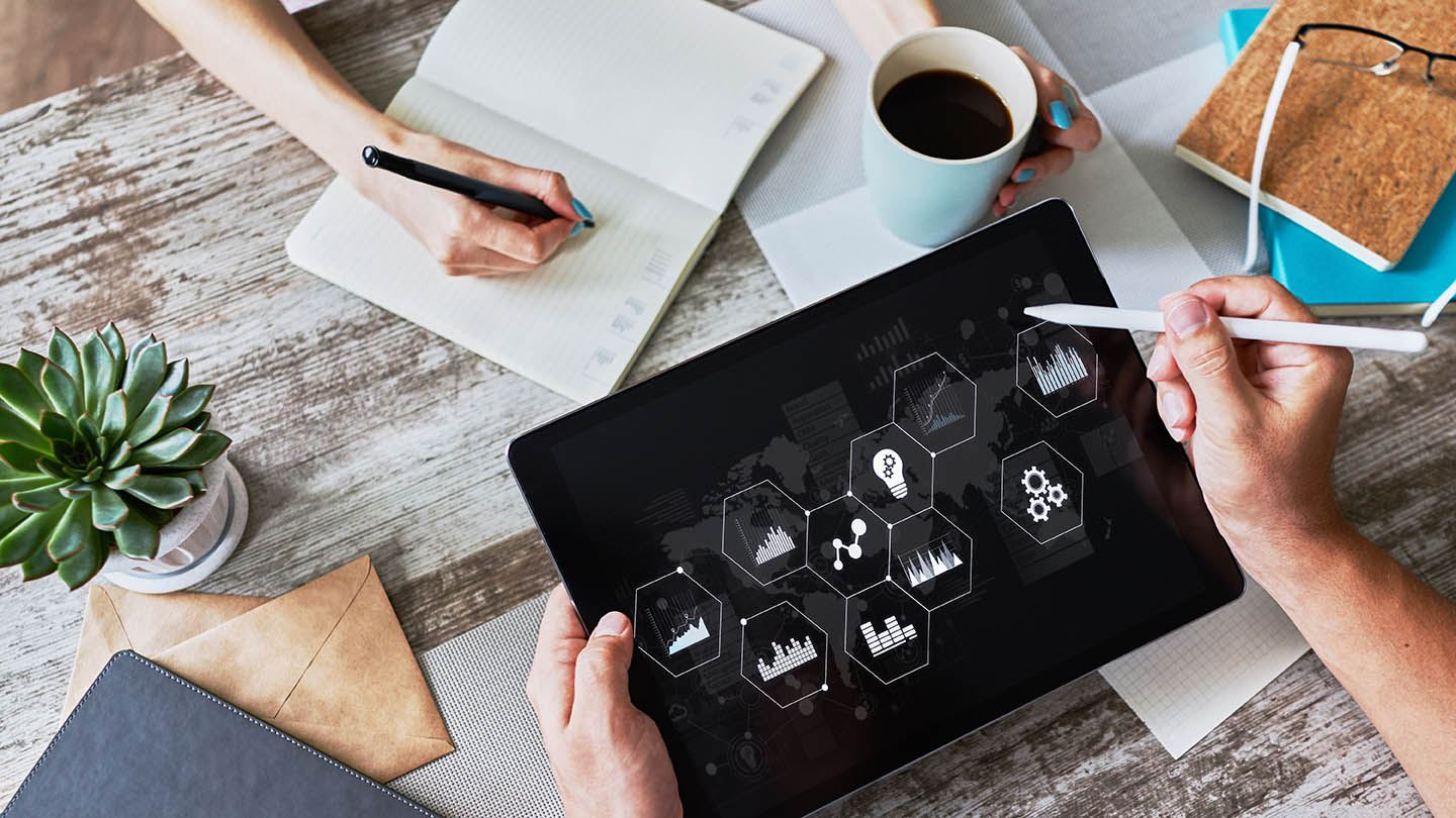 Business process control panel and data analysing monitor with chart and diagrams on device screen. Innovation and automation concept.